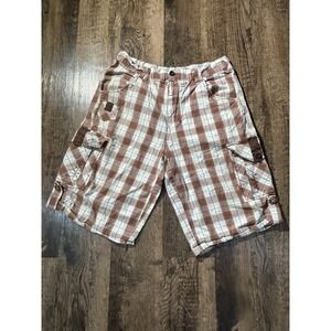 Koman Cargo Shorts Mens‎ 32 White Brown Plaid Utility Pockets Casual Flat Front